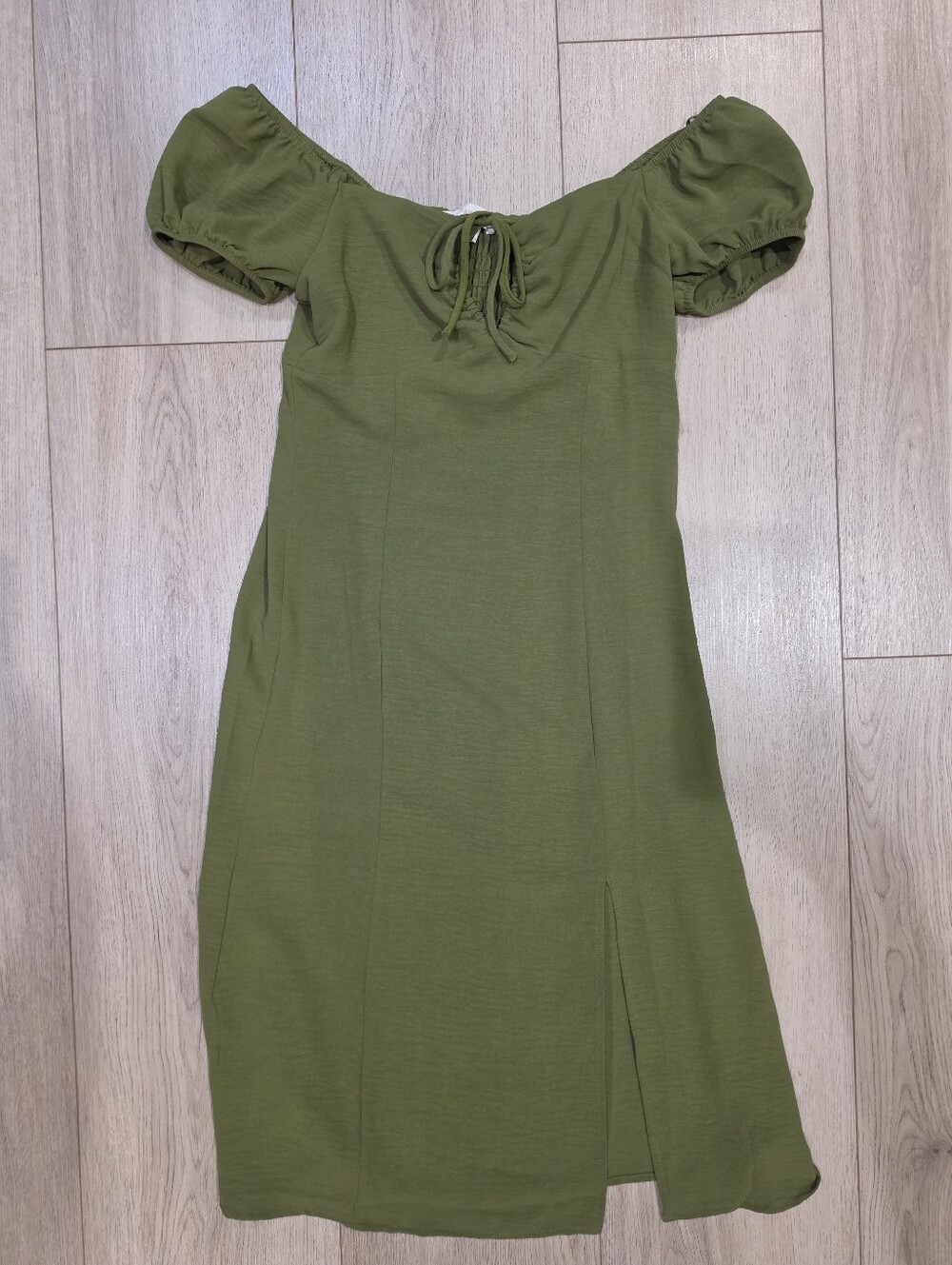 Monteau Los Angeles Olive Green Puff Sleeve Midi Dress S